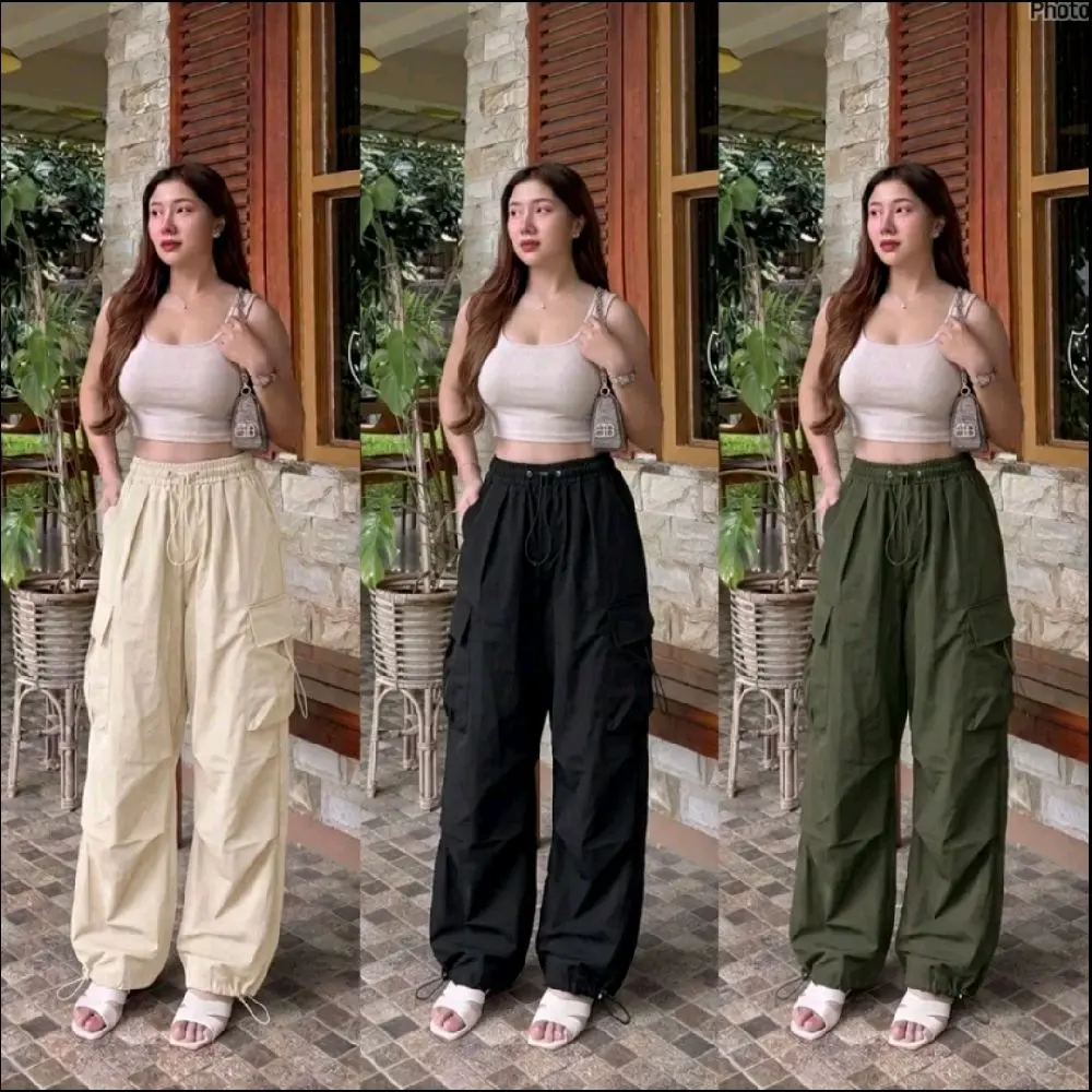 Celana Cargo Wanita Panjang Highwaist Loose Pants Wanita Korean Style Standart Jumbo Kaki Serut