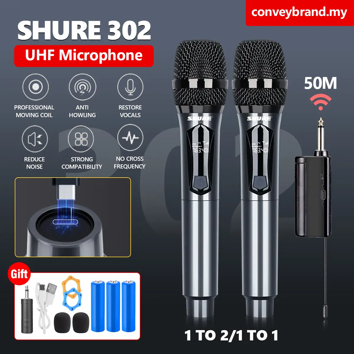 Mikrofon Tanpa Wayar Dual Cordless SHUER Mikrofon Tanpa Wayar Jarak Penerimaan 50M Dengan Pengecasan Semula Sesuai Untuk Karaoke, Perkahwinan, DJ, Parti, Ceramah, Gereja, Kelas Karaoke Mic