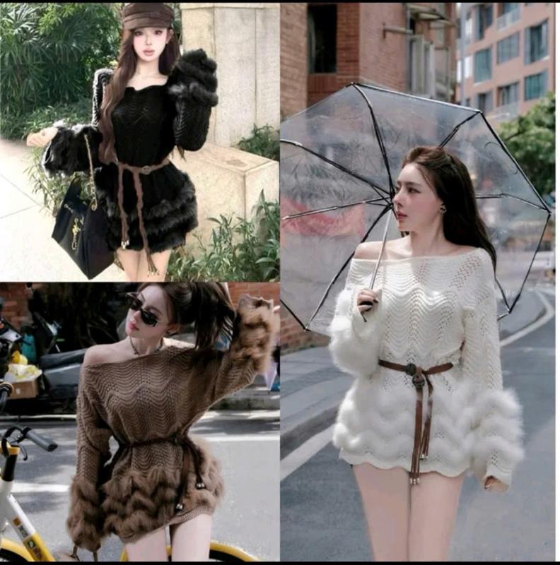   LT002  AFF Áo len trễ vai viền lông dáng dài giấu quần  len sóng QCCC kèm đai 