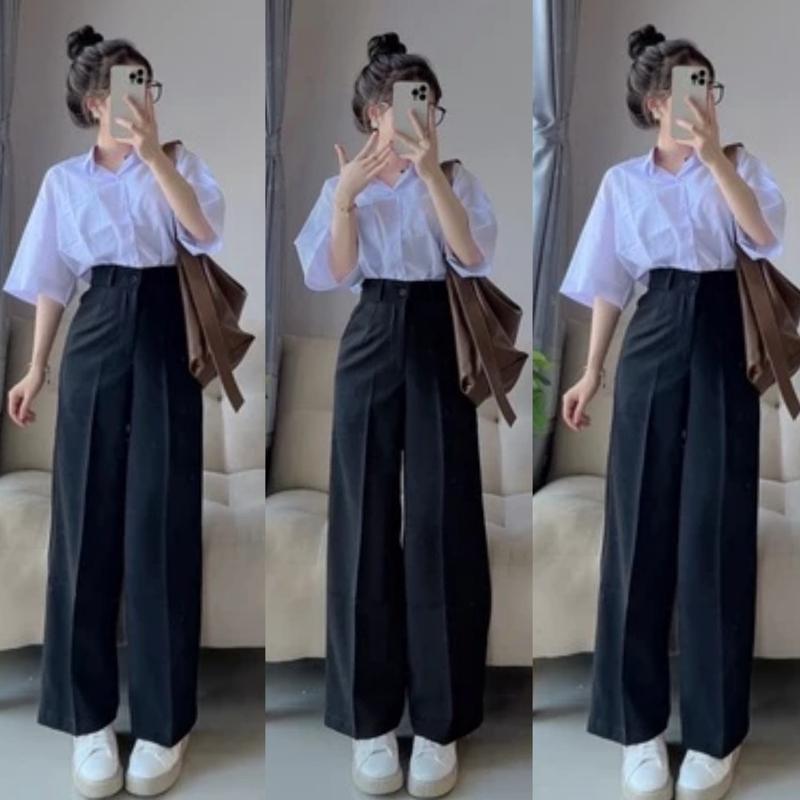 Quần ống suông lưng cao nữ 1m50 m55 m60 m65 m70 có đai thắt lưng vải mềm dáng quần tây nữ ống rộng đi học công sở hẹn hò