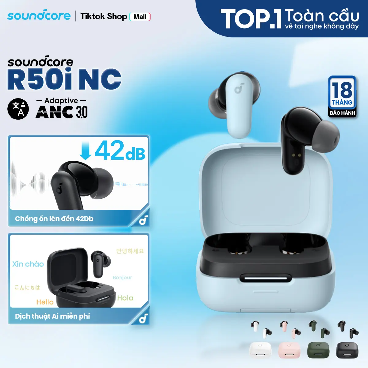 [HOT] Tai nghe bluetooth không dây chống ồn Soundcore R50i NC (P30i ) chống ồn ANC | Chống nước và bụi IP54 | 40 giờ phát nhạc- Tai nghe không dây- Tai nghe bluetooth pin trâu- Bảo hành 18 tháng- Hàng chính hãng
