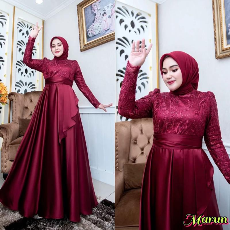 Dress Pesta Satin Roberto Mix Brokat / Gamis Keluaran Terbaru / Dress Aplikasi Brokat / Dress Wanita Jumbo / Azura Maxy Dress Kondangan Mewah 5