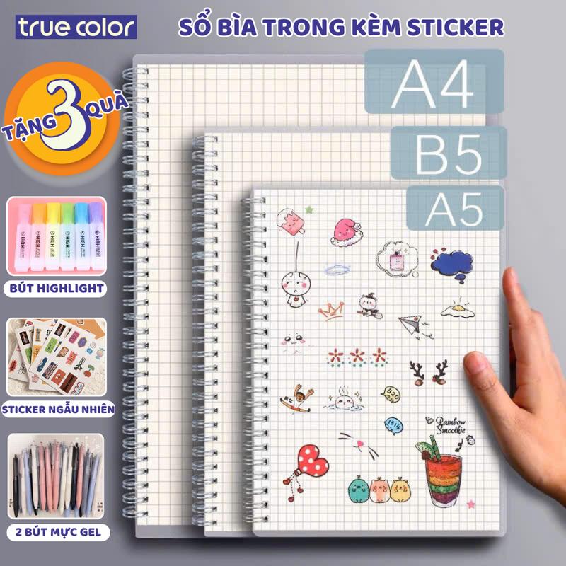 Set 2 Sổ lò xo bìa nhựa trong Basic A5 B5 A4 160 trang vở lò xo kép giấy chống lóa ô vuông kẻ ngang giấy trắng sổ còng sotay takenote sổ ohuhu
