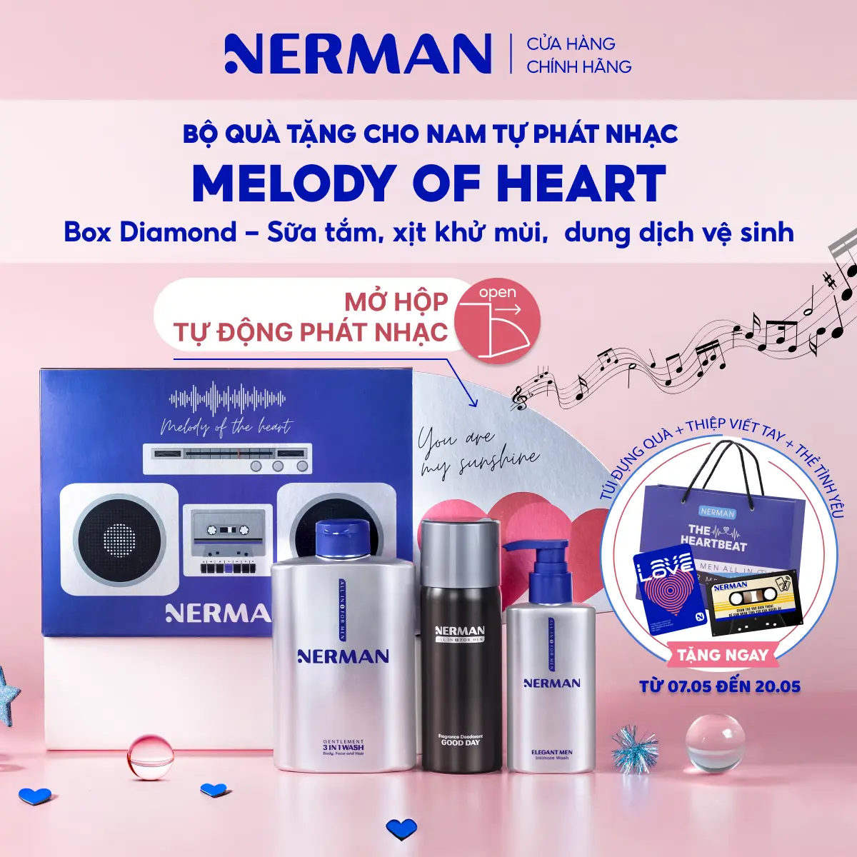 [MUA 1 TẶNG 3] Bộ quà tặng cho nam tự phát nhạc Nerman Melody Of Heart - Sữa tắm 3 in 1 350g & Dung dịch vệ sinh 100ml & Xịt khử mùi 100ml [TẶNG TÚI ĐỰNG QUÀ&THIỆP VIẾT TAY&THẺ TÌNH YÊU]