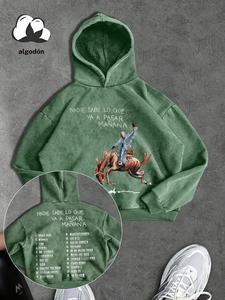 Sudadera con capucha de estilo retro Y2K lavada y estampada de Bad Bunny para hombre, moda urbana de calle, estilo casual, suéteres de hombre de manga larga con terciopelo para otoño e invierno