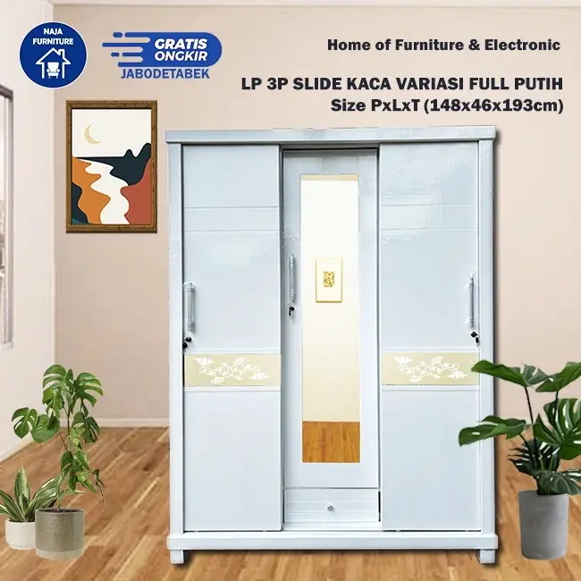 FURNITURE Lemari Pakaian 3 Pintu Sliding | Lemari Pakaian Kaca Variasi | Lemari Pakaian Minimalis Sliding 3 Pintu | Lemari Pakaian Modern Furniture Kayu
