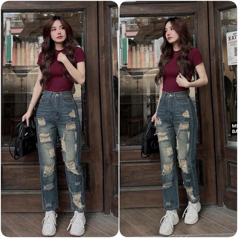 S - XL dài 95cm Quần Jeans Nữ - Quần Baggy Jeans Nữ Lưng Cao - Rách nhiều - tông màu xnah rêu bụi chất jeans mềm nhẹ không giản. 3400