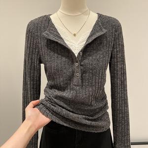 Women's Deep Lace Patchwork V-Neck Long Sleeve Top, Fall Winter Slim Fit Inner Layer T-Shirt, Basic Style, Comfortable & Stylish 7927# Womenswear Vneck