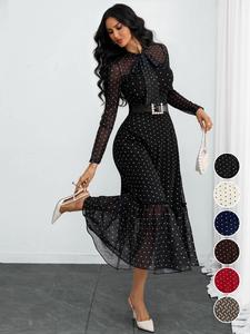 Vestido de oficina elegante vintage para mujer con estampado de malla de lunares y corbata con lazo, ropa laboral estilosa, sin cinturón incluido, perfecto para negocios