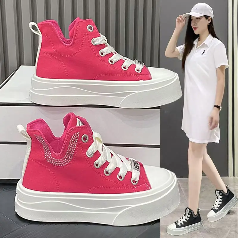 Giày Vải Đế Cao, Màu Hồng, Dành Cho Nữ, Bộ Sưu Tập Mùa Hè Mới, Dễ Phối Đồ, Thoáng Khí, Giày Thường Ngày Giày Trượt Băng, Giày Nữ