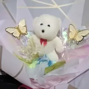 Buket Boneka Mini dan kupu kupu led plus bunga / Buket Bunga Mawar Artificial untuk Ulang tahun cewek cowok / Buket  Wisuda / Anniversary  / Bouqet Pakai Lampu