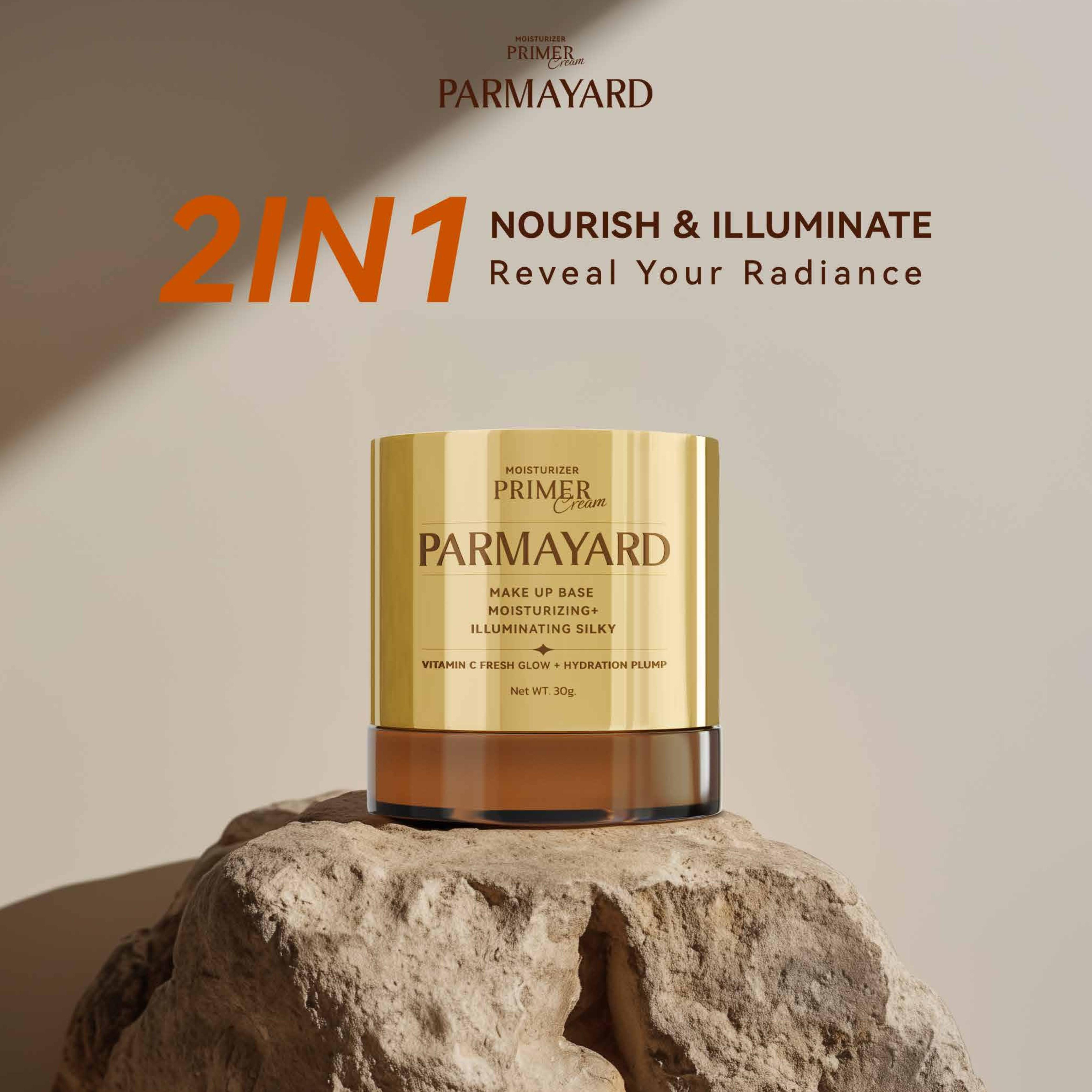 PARMAYARD Moisturizer Primer, alas makeup, aroma jeruk, mengatur kulit sebelum mengaplikasikan makeup, menutrisi wajah, membuat makeup bertahan lebih lama.
