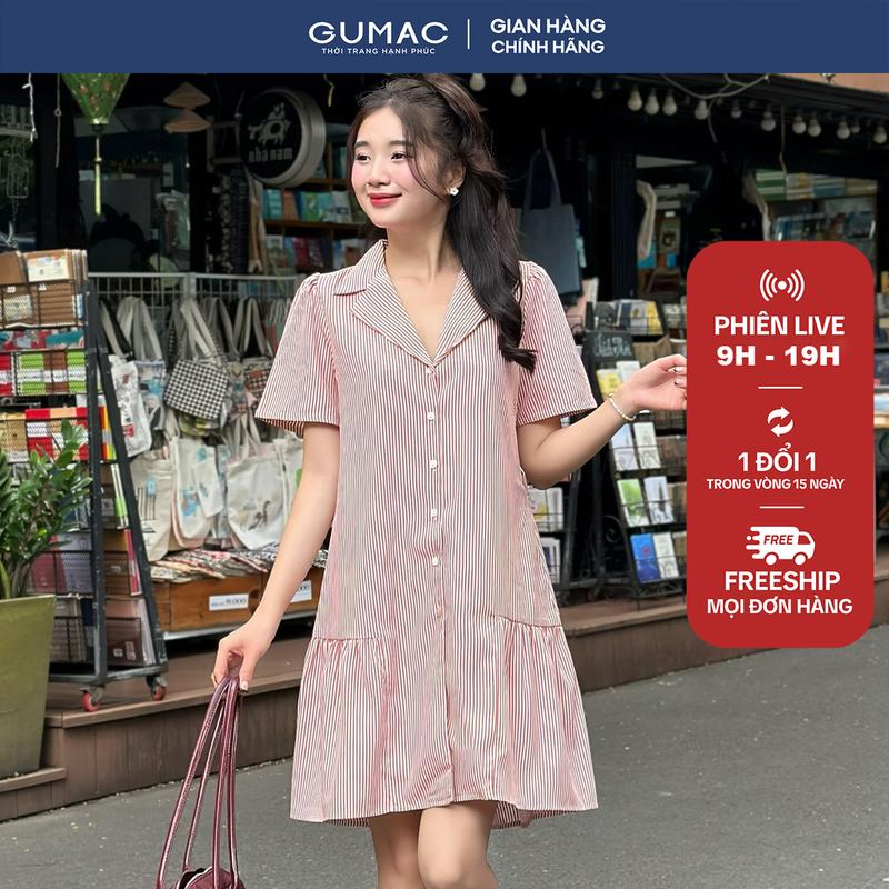 MUA 2 GIẢM 5% Đầm nữ suông ngắn danton sọc tùng rã nhún thắt dây eo kate thời trang Gmorning - GUMAC YDE07069