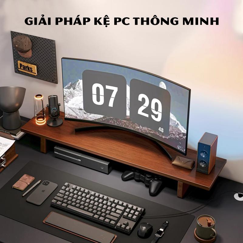 Kệ để PC kệ màn hình máy tính vân gỗ óc chó để đồ decor đỡ vi tính setup không gian làm việc