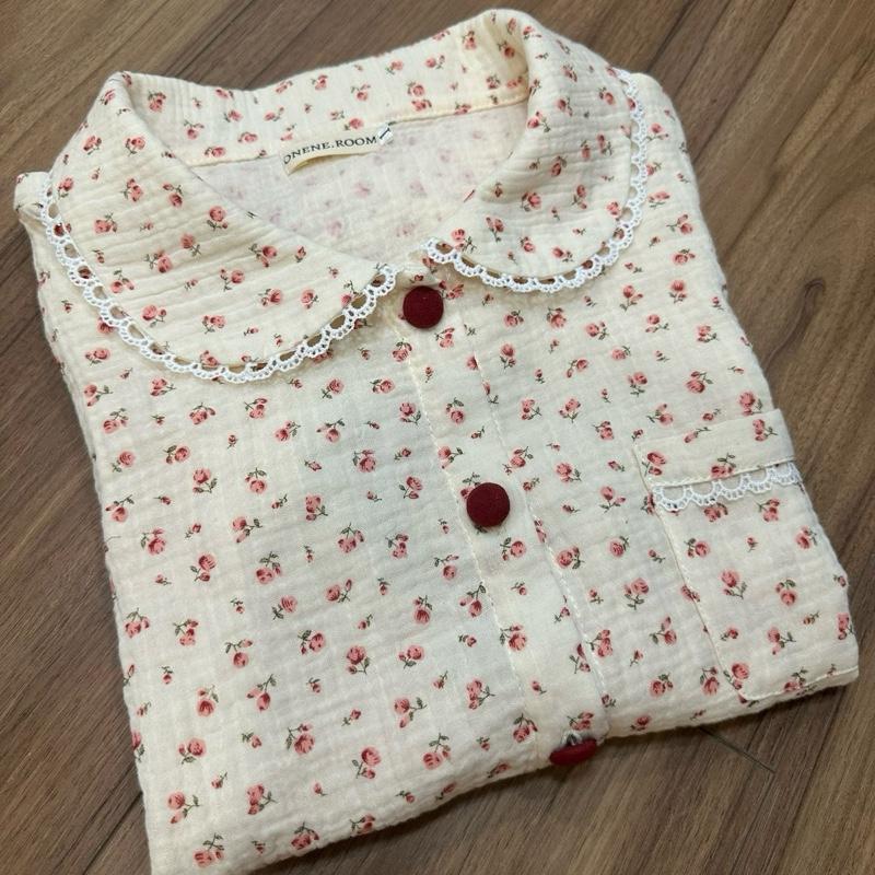   Onene.room  Set Cổ Sen Tay Dài Quần Dài Chất Liệu Xô Muslin Bộ Đồ Mặc Nhà 