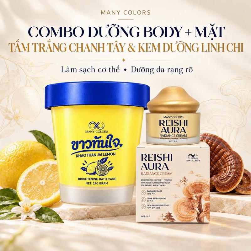 Combo Tắm Trắng Chanh Tây & Kem Dưỡng Linh Chi Reishi Aura - Many Colors