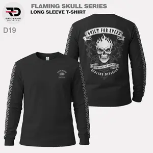 REDLINE DIVISION Tshirt Longsleeve Flaming Skull Series Hitam Kaos Lengan Panjang Pria Distro Premium Bahan Katun Combed 24s Nyaman untuk Touring