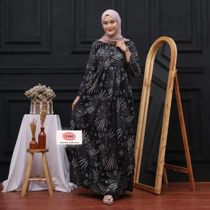 Gamis Lebaran Busui Bahan Katun Dress Murah All Size Batik Kondangan Poliester Hitam Navy Cantik Dewasa Kerah Putih Panjang Nyaman Muslim Bunga 5