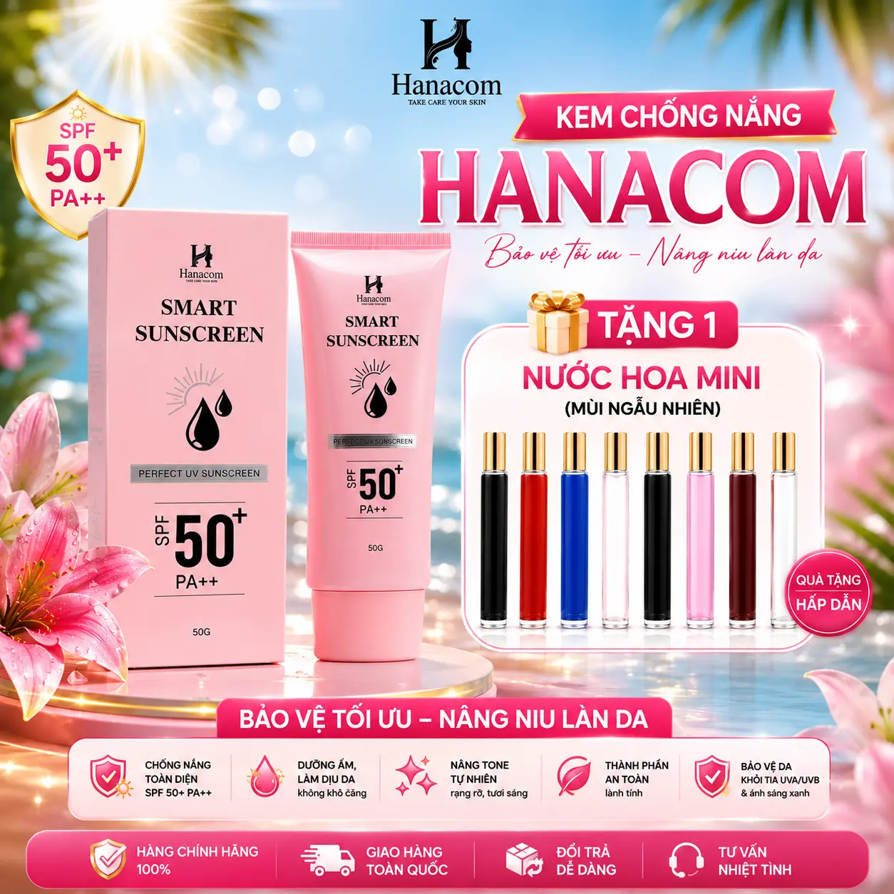 ( TẶNG NƯỚC HOA) Kem Chống Nắng Hanacom Skincare Sunscreen dành cho da măt 50g SPF 50++ Chống Nắng Phổ Rộng Tre Nữ