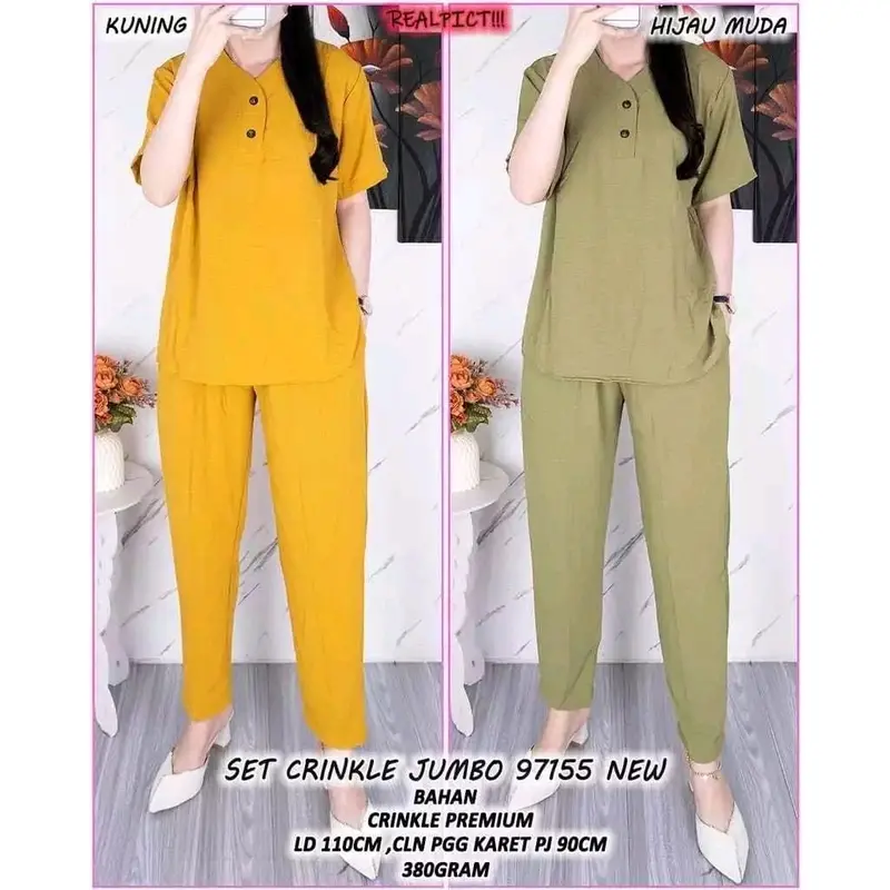 Setelan crinkle wanita celana panjang lengan pendek/ one set wanita kekinian terlaris Airflow Baju Kancing 6