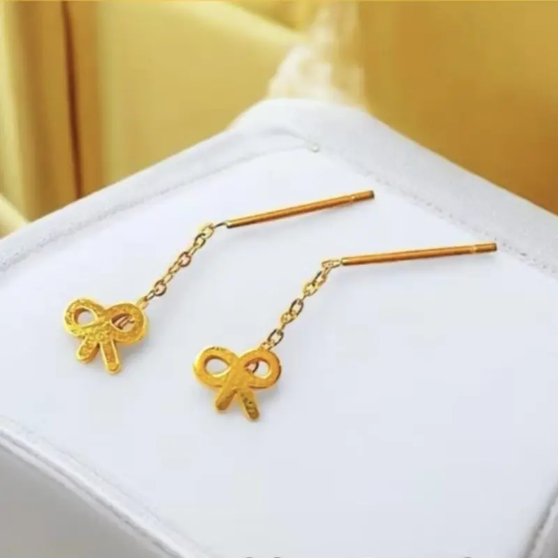 A-R anting Juntai Titanium Motif Pita Panjang 3cm Gold 24k Anti Karat Earrings