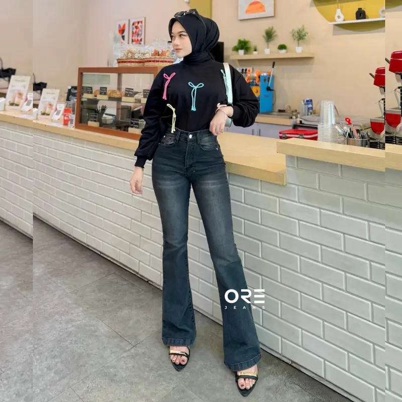 ORE - CZ 930 Size 27-34 - Highwaist Strecht Cutbray Jeans Vintage Black Washed Slim-fitting Celana Kaki 7