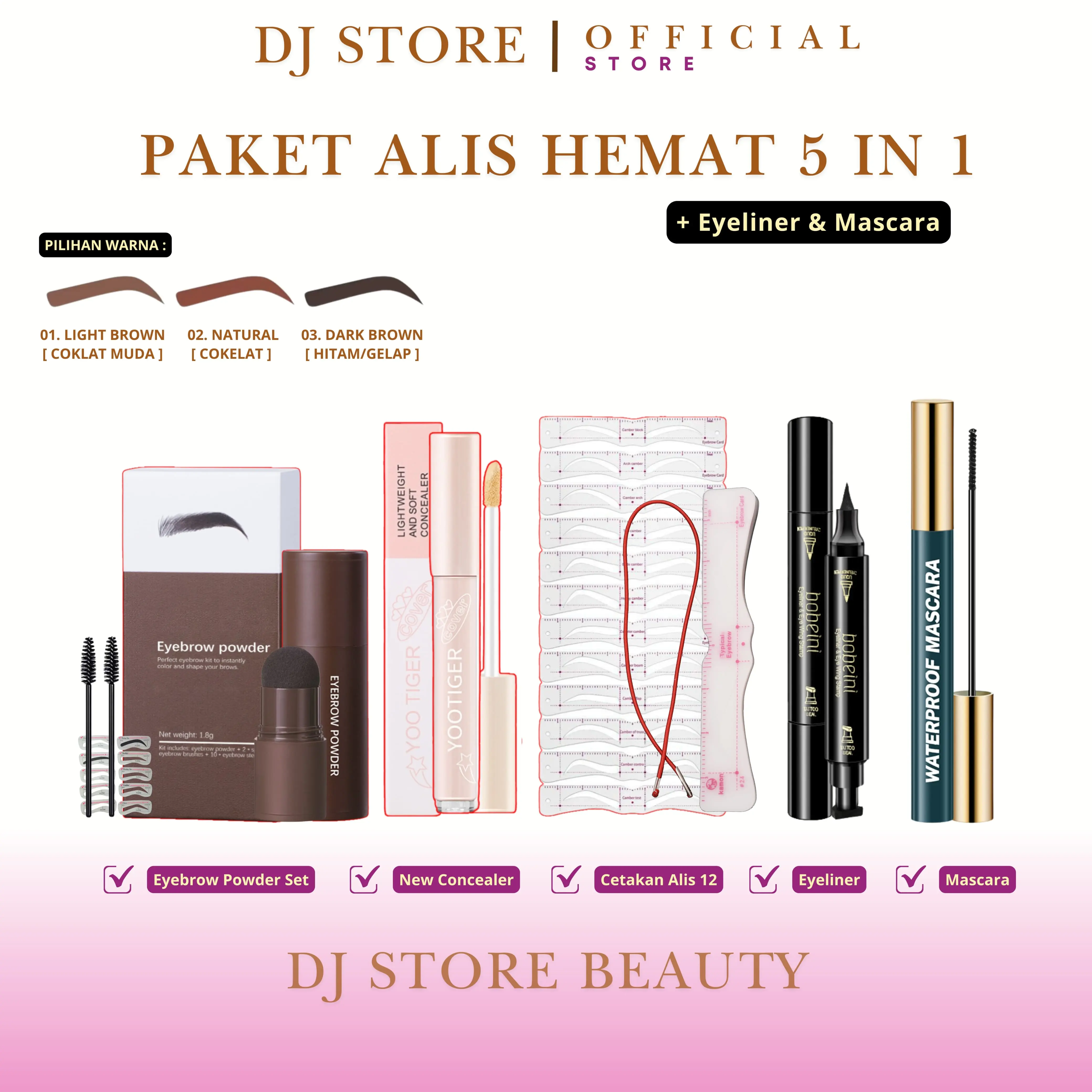 [ PAKET ALIS 5 in 1 FREE EYELINER & MASCARA ] Paket Eyebrow 5in1 Eyebrow Powder + Cetakan Alis Tali 12 + Concealer + Eyeliner Stamp + Mascara