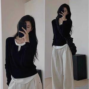 Elegant Asymmetrical Hem Top for Women, Spring & Fall Inner Layer, Faux Two-Piece Long Sleeve Tee, Slim Fit Knit Sweater 8527# Knitwear Womenswear