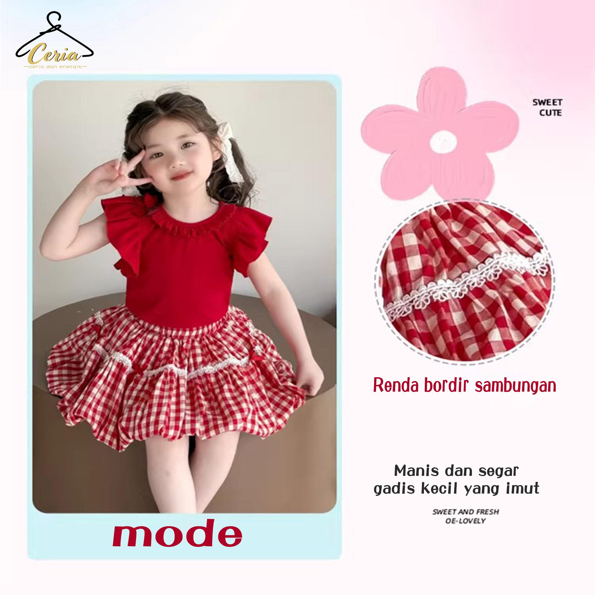 Ceria-Set Rok Angin Dopamin Anak Perempuan / Set Anak Perempuan Kotak-kotak Merah / Atasan Lengan Rumbai dan Rok Mengembang Dua Potong
