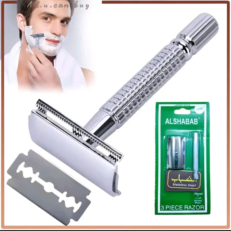 [1 rtg isi 6 pcs] Alat cukur kumis besi stainless + silet jadul - cukuran jenggot 1