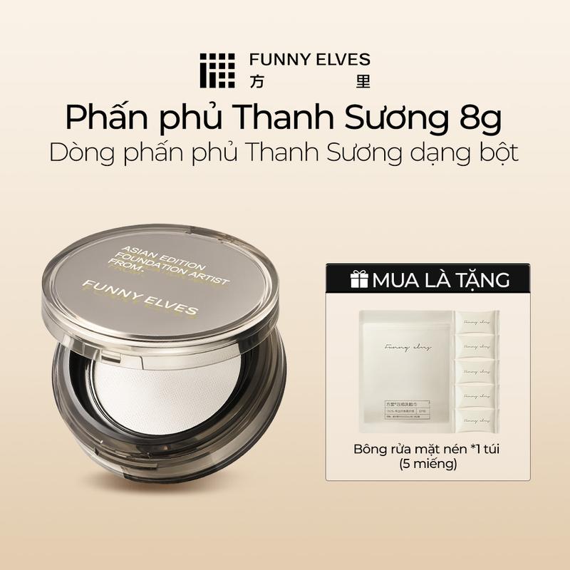  FunnyElves phấn phủ kiềm dầu Thanh Sương giữ lớp nền lâu trôi mỏng nhẹ tự nhiên không xỉn màu không cảm giác phấn không mùi hạt phấn trong suốt hơi ánh nhũ 8g phù hợp cho mọi loại da.  Mua 1 tặng 1 Bông rửa mặt nén *1 túi  5 miếng  