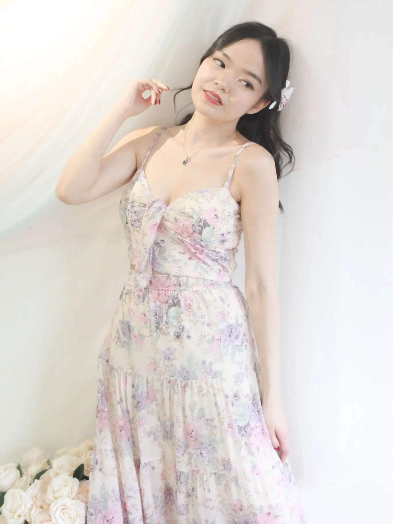 KEI Claude Padded Tie Front Top in Peony Floral