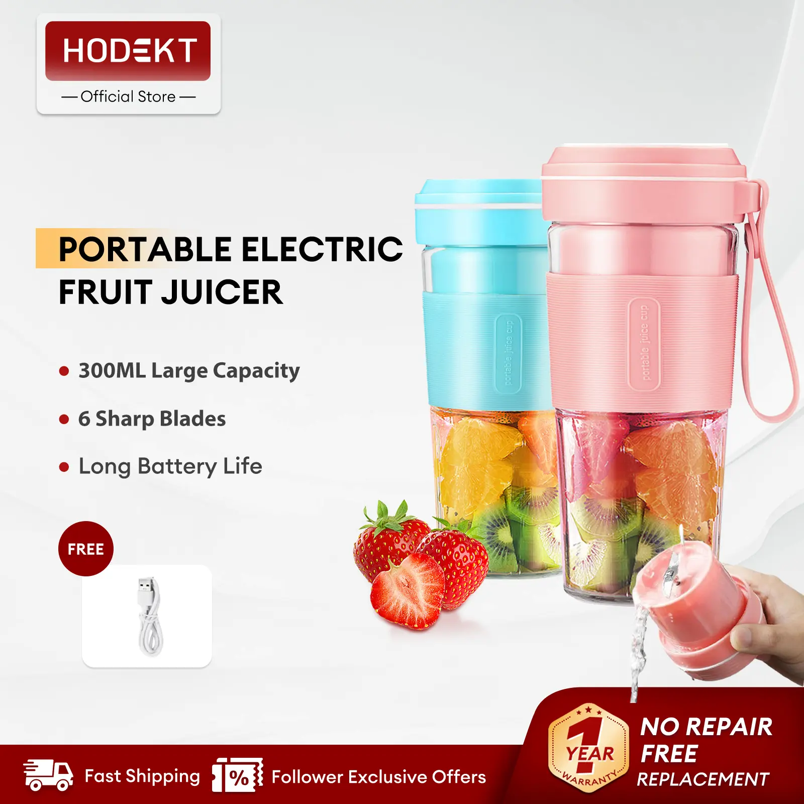 HODEKT 6 Blade Wireless Portable Electric Blende Fruit Juicer Shaker Cup Botle Mixer Rechargable Juice Blenders