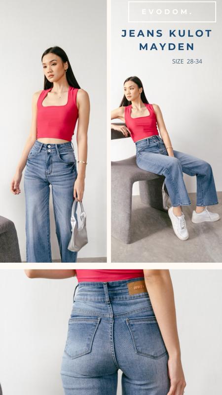 Celana Kulot  Panjang Meyden Stretch Medium Blue Kancing 2 Evodom Jeans