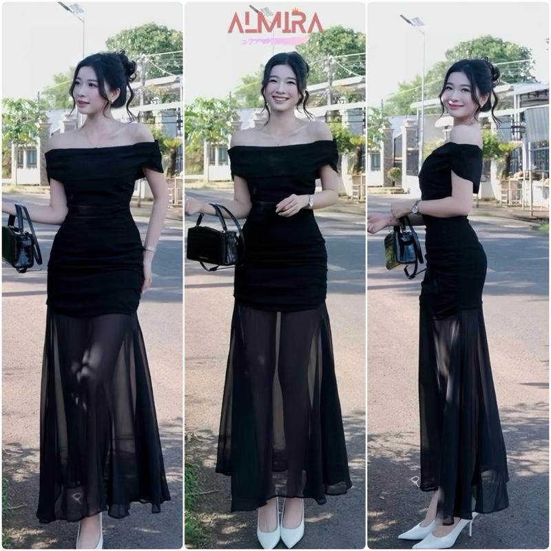 Váy Nữ Đuôi Cá Trễ Vai Nhún Thân Ôm Body Phối Tơ Mềm Màu Đen Chất Tăm Hàn
