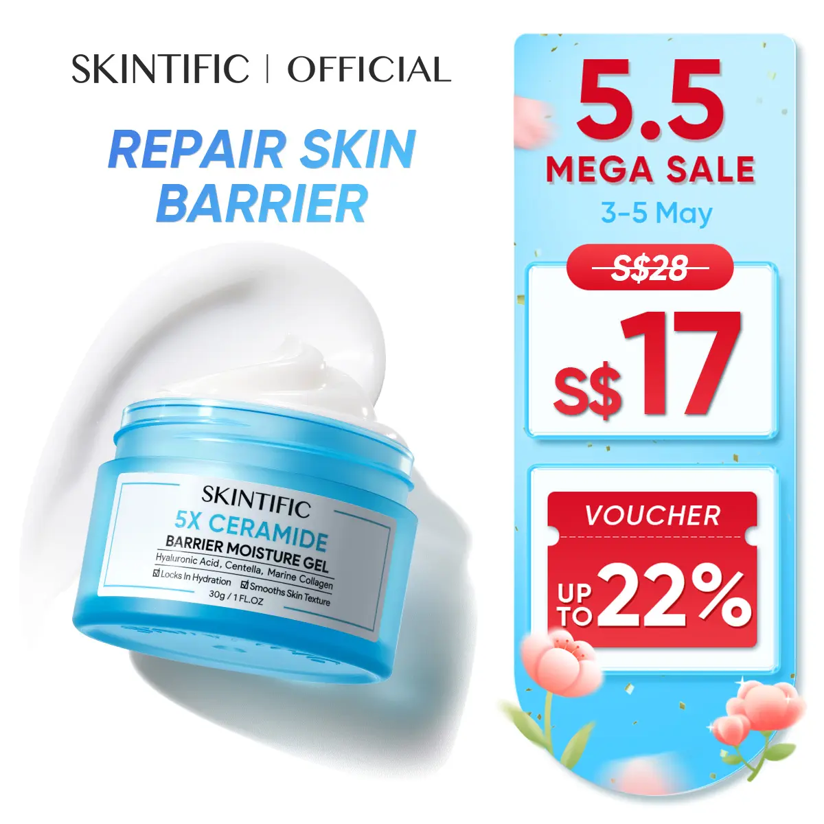 [SKINTIFIC OFFICIAL] SKINTIFIC 5X Ceramide Moisturiser 30g Skin Barrier Repair Moisturizer Skincare Gel acne  skin barrier  acne glass skin blue moisturizer  Hydrate Moisture Hydrating Flower Oil Control Restore