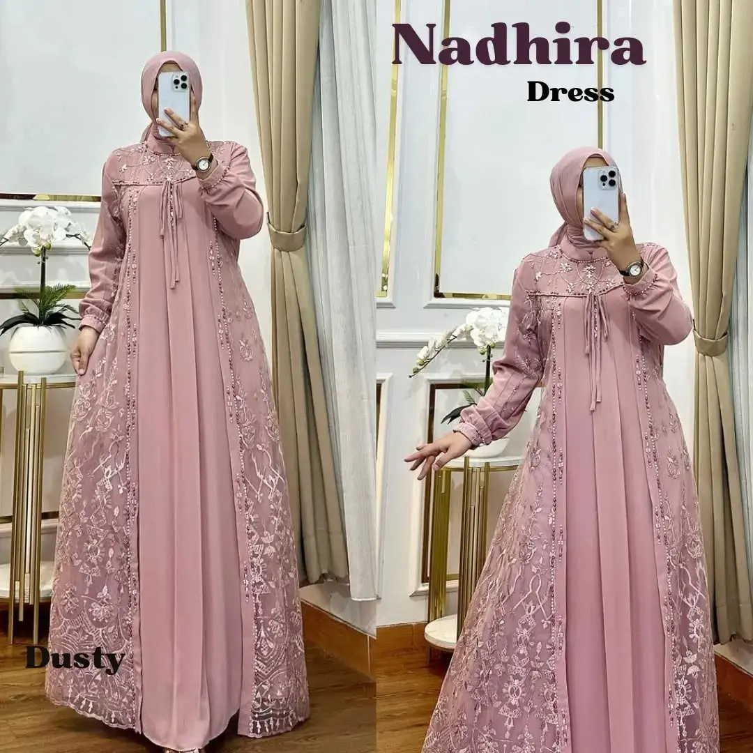 Nadhira Dress Ceruty Kombinasi Brukat Mix Payet Dress Cantik Model Terbaru Gamis Pesta Mewah Elegan