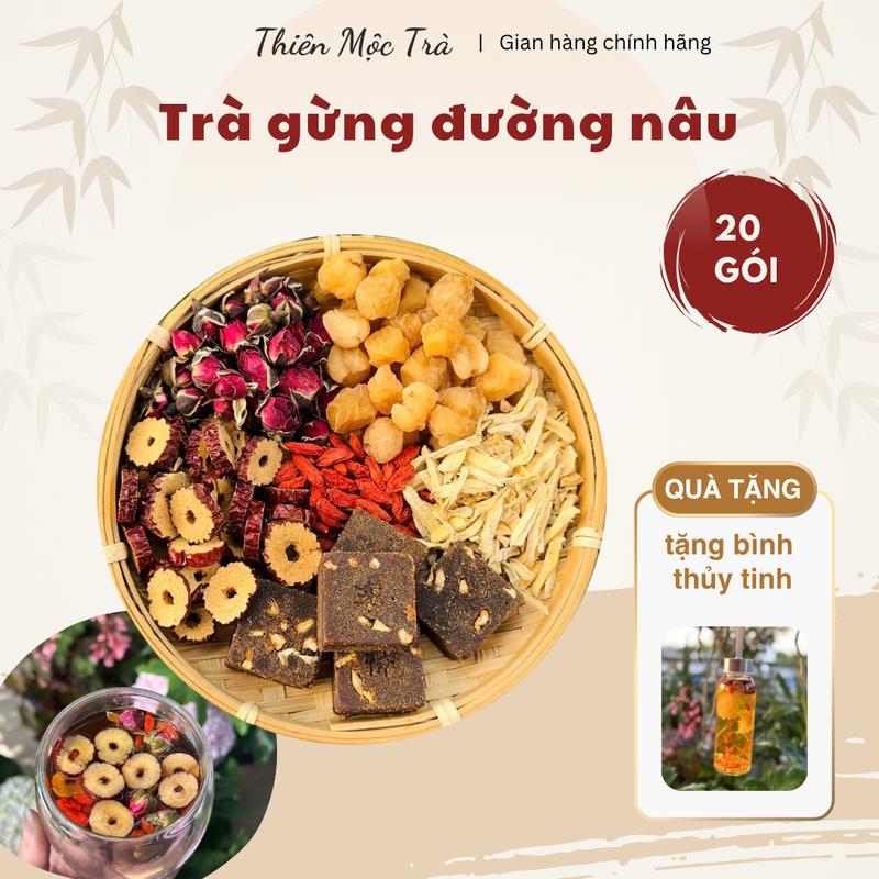  Trà gừng đường nâu thảo mộc  hộp 20 gói tặng bình thuỷ tinh -Thiên Mộc Trà-Thành phần: gừng sấy nụ hồng kỷ tử long nhãn táo đỏ đường nâu-Trục hàn giảm hàn lạnh ấm bụng NGÀY DÂU bồi bổ khí huyết-Nguyên liệu sấy lạnh thiên nhiên 