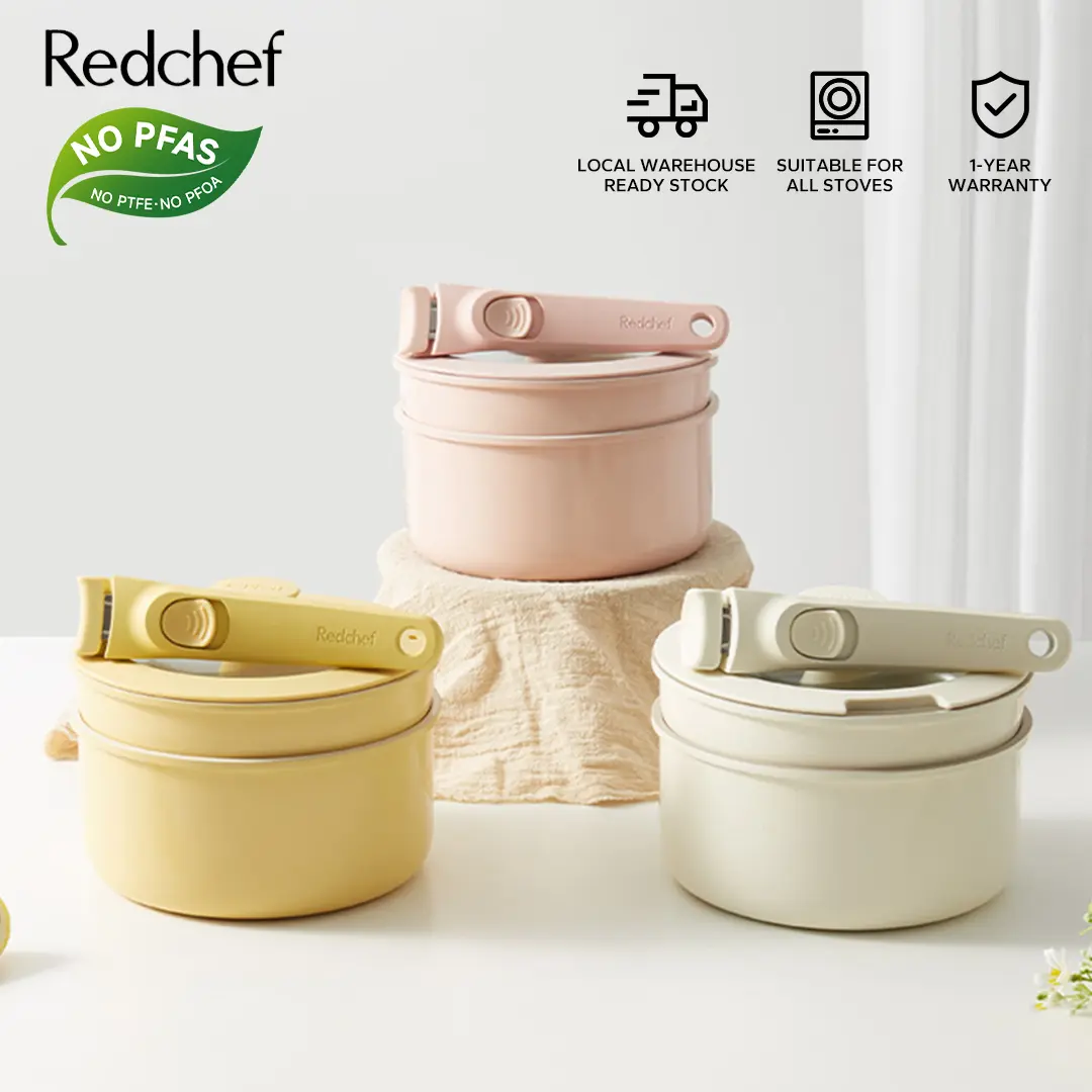 Redchef Non-Stick Ceramic Rock Cookware Set with Removable Handles 4 Pieces Non-Stick Pans PFAS & PTFE & PFOA Free Compatible with All Stovetops