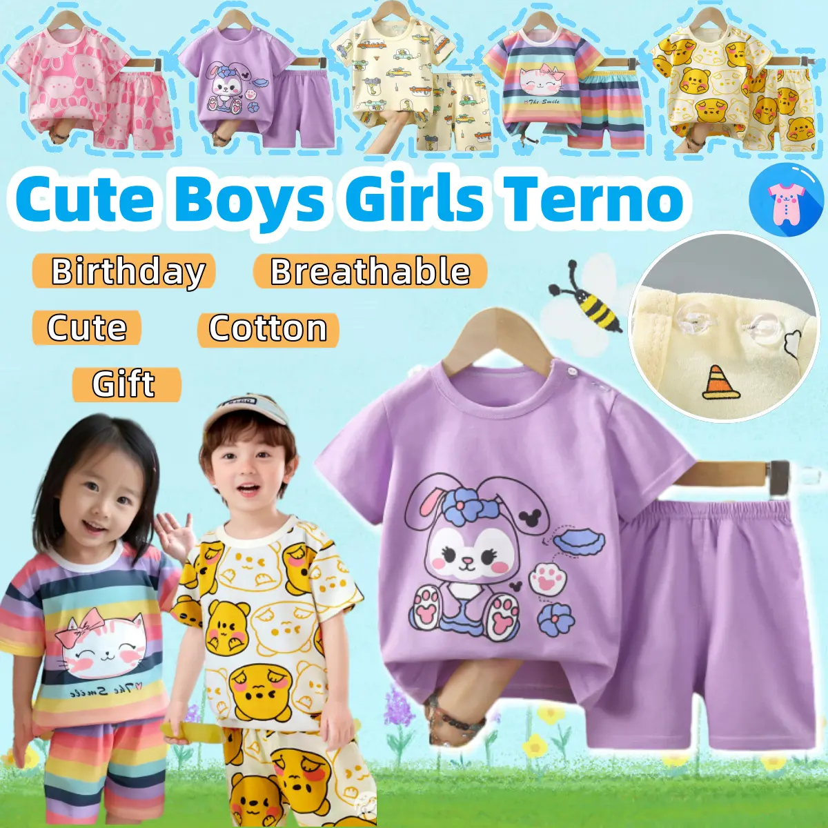 Short-sleeved Terno Suit 73-120cm Girl Boy Fashion Sando For 0 1 2 3 4 5 Year Old Infant Terno Children's Pullover T-shirt Shorts Pyjamas Sando Casual Cat Rabbit Bear Print Clothes Set Toddler Cotton Polo Pajama Set Affordable Kid Wear Jogger Summer Sport