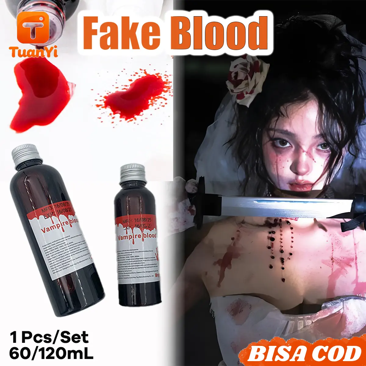 Prank Darah Palsu dan Properti Halloween - Cairan Simulasi Luka untuk Vampir, Drakula, atau Dekorasi Rumah Hantu, Cepat Kering dan Mudah Dibersihkan Hanya dengan Air Sabun