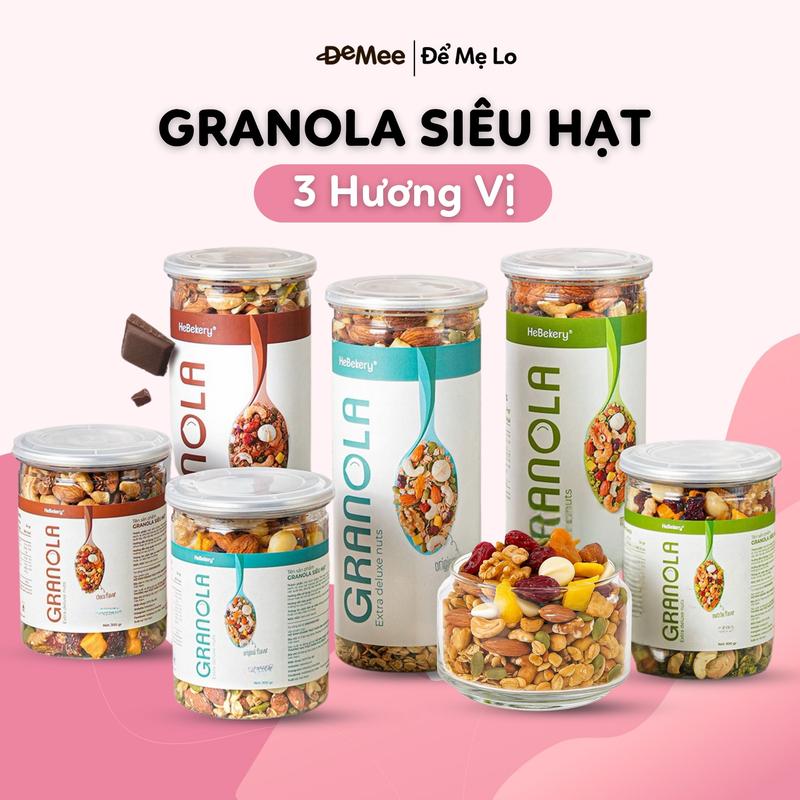 Granola Siêu Hạt 3 Vị Truyền Thống, Choco, Matcha Hebekery - Hạt Ngũ Cốc Không Đường - Thức Ăn Healthy Food Cho Bà Bầu by Demee - Vị Vani, Choco Socola, Matcha