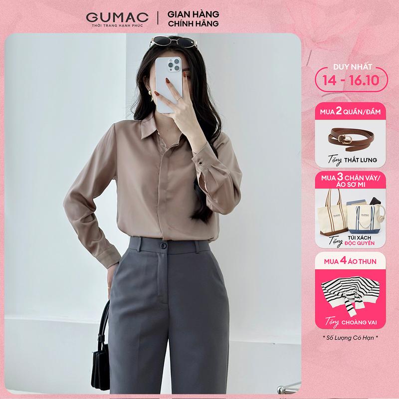 [MUA 3 TẶNG TÚI XÁCH] Áo sơ mi nữ kiểu basic lụa 3 màu trắng đen be thiết kế tay dài phối nút thời trang GUMAC BAE00003