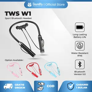 [SOUNDIFY] COD Headphone Nirkabel Headset Bluetooth W1 TWS 5.2 Neckband Sport Earphone Olahraga Bass Magnetik Tahan Air