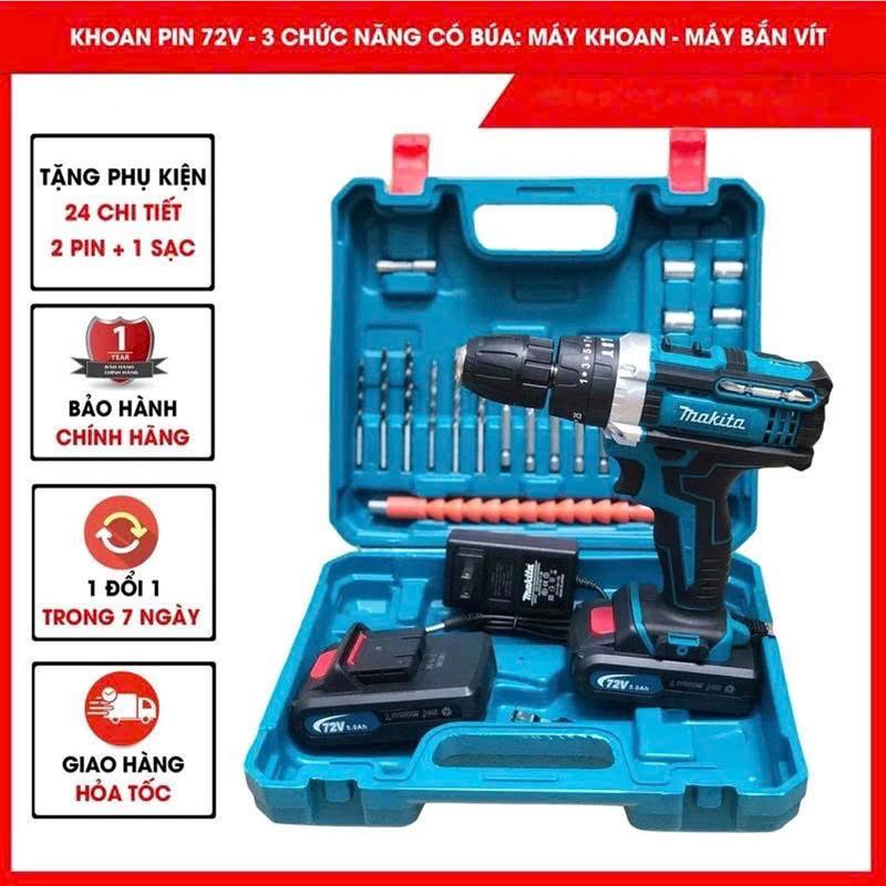 Máy Khoan Pin Makita 72V Có 3 Chức Năng Búa - Khoan - Bắn Vít, Tặng Kèm Phụ Kiện 24 Chi Tiết. Máy Lõi Đồng Bảo Hành 12 Tháng.