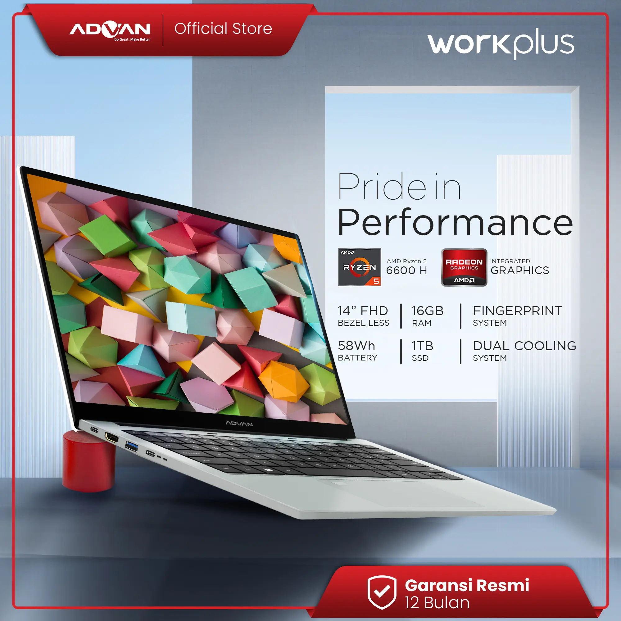 ADVAN Workplus AMD Ryzen 5 6600H 14" FHD IPS 16GB/1TB Laptop Notebook Free Windows 11 Upgradeable