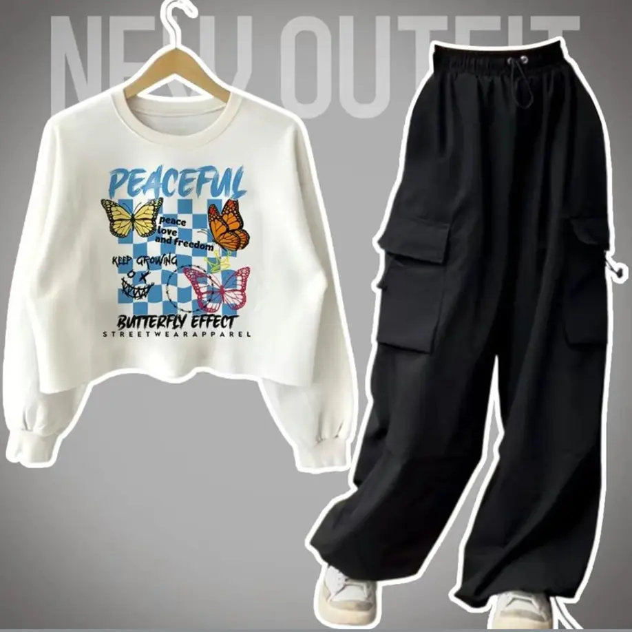 ONE SET PEACEFUL SWEATER CROP - JOGGER POCKET JOLLY WANITA SET TERBARU Crop Top Lengan Tangan Panjang Setelan Celana Motif Sablon