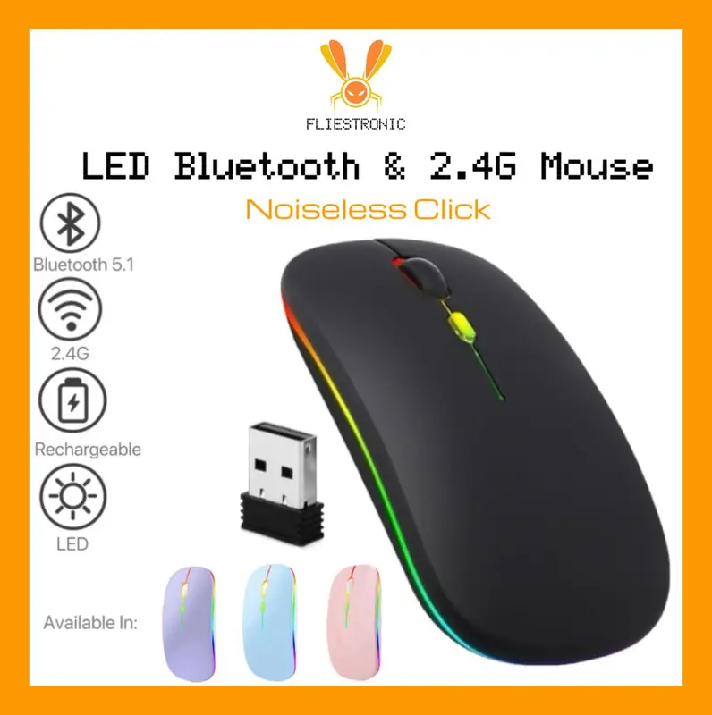 COD FLIESTRONIC Mouse Bluetooth / Mouse Wireless / Mouse Nirkable Rechargerable LED Colorfull Komputer 2