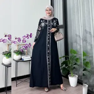 Naya Batik - Gamis Twill Terbaru Pekalongan Cap Malaman Bukan Sablon Motif Garis Hitam Manis Dress Muslim Wanita Full Kancing Lengan Karet Tanpa Rempel