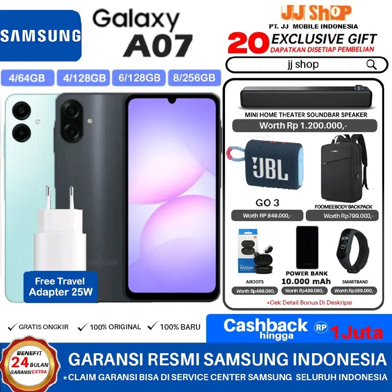 SAMSUNG GALAXY A07 8/256 6/128 4/128 4/64 GB RAM 8GB 6GB 4GB ROM 256GB 128GB 64GB GARANSI RESMI SEIN A07 4/128 BLACK Adapter 25w original